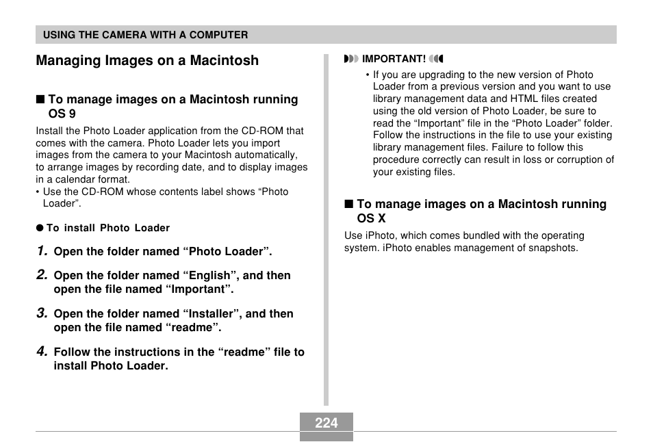 Managing images on a macintosh, 224 managing images on a macintosh | Casio EX-Z700 User Manual | Page 224 / 247