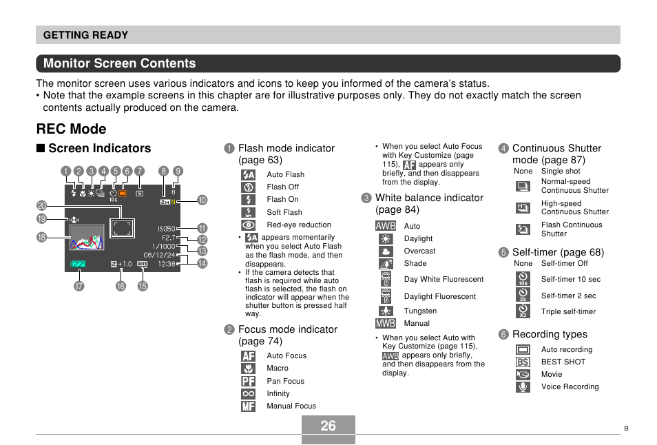 Monitor screen contents, Rec mode, Screen indicators | Casio EX-Z700 User Manual | Page 26 / 247