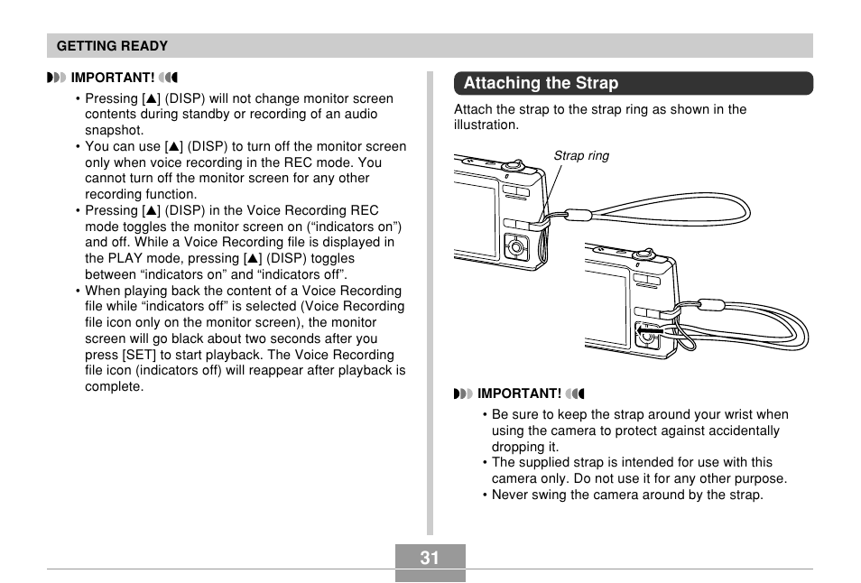 Attaching the strap | Casio EX-Z700 User Manual | Page 31 / 247