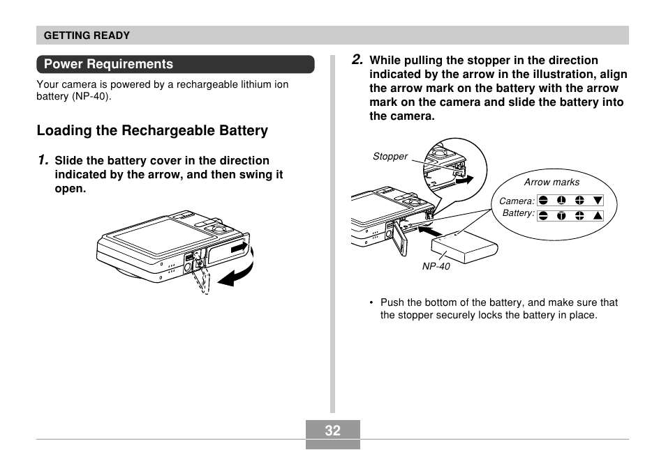 Power requirements, Loading the rechargeable battery, Loading the rechargeable battery 1 | Casio EX-Z700 User Manual | Page 32 / 247