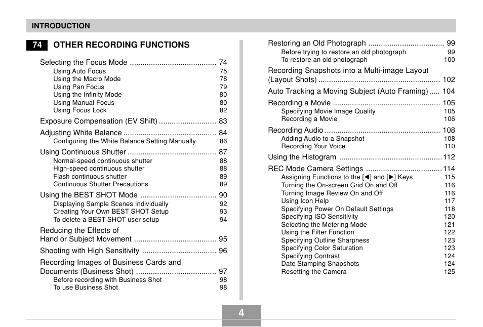 74 other recording functions | Casio EX-Z700 User Manual | Page 4 / 247