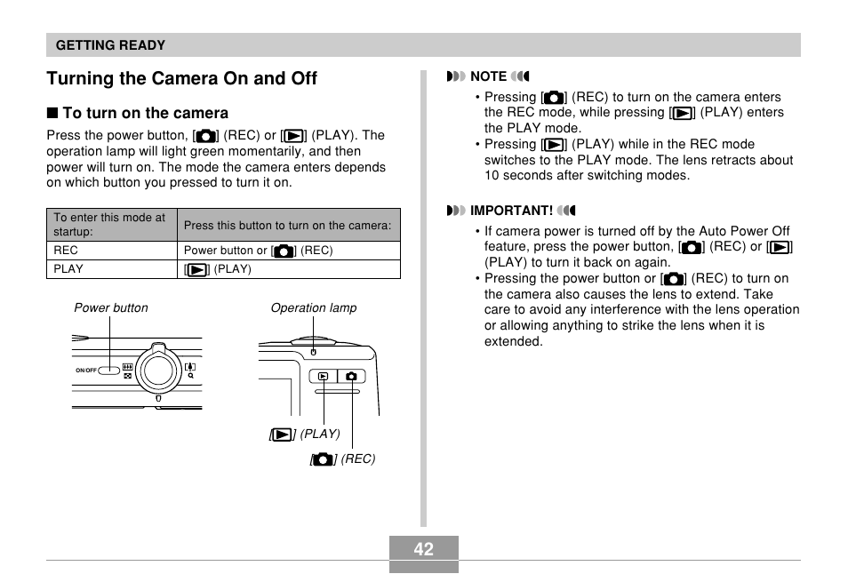 Turning the camera on and off | Casio EX-Z700 User Manual | Page 42 / 247