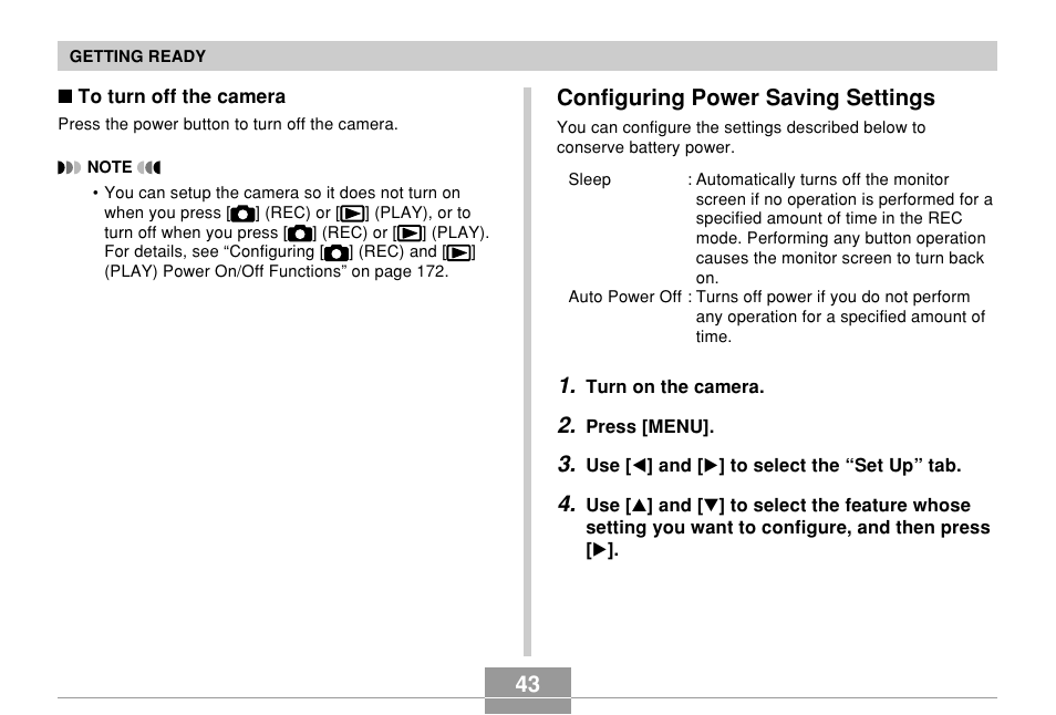 Configuring power saving settings, 43 configuring power saving settings | Casio EX-Z700 User Manual | Page 43 / 247