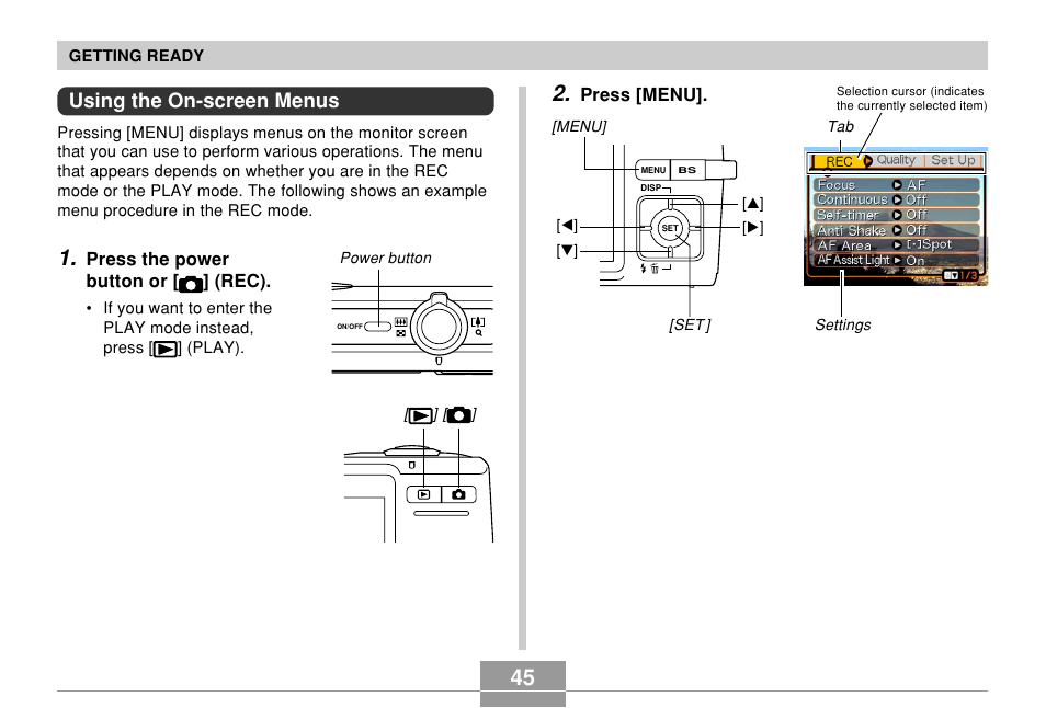 Using the on-screen menus | Casio EX-Z700 User Manual | Page 45 / 247