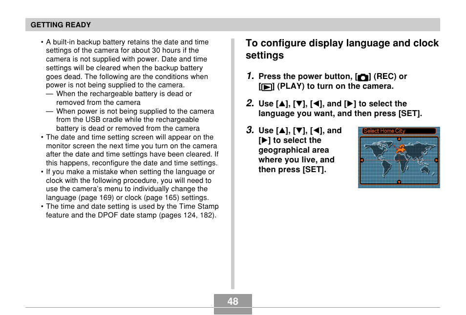 To configure display language and clock settings | Casio EX-Z700 User Manual | Page 48 / 247