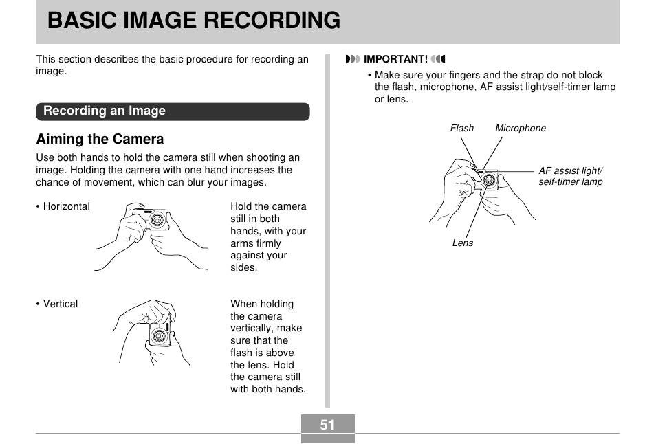 Basic image recording, Recording an image, Aiming the camera | Casio EX-Z700 User Manual | Page 51 / 247