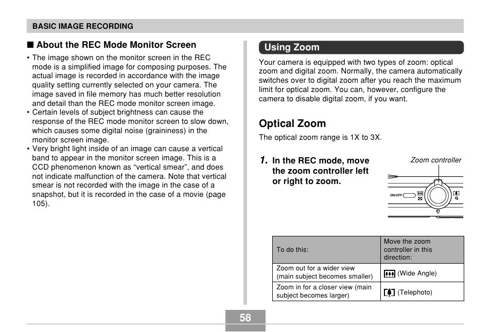 Using zoom, Optical zoom | Casio EX-Z700 User Manual | Page 58 / 247