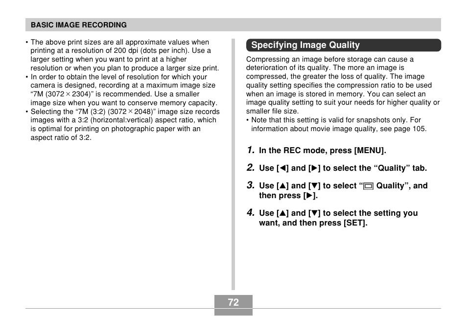 Specifying image quality | Casio EX-Z700 User Manual | Page 72 / 247