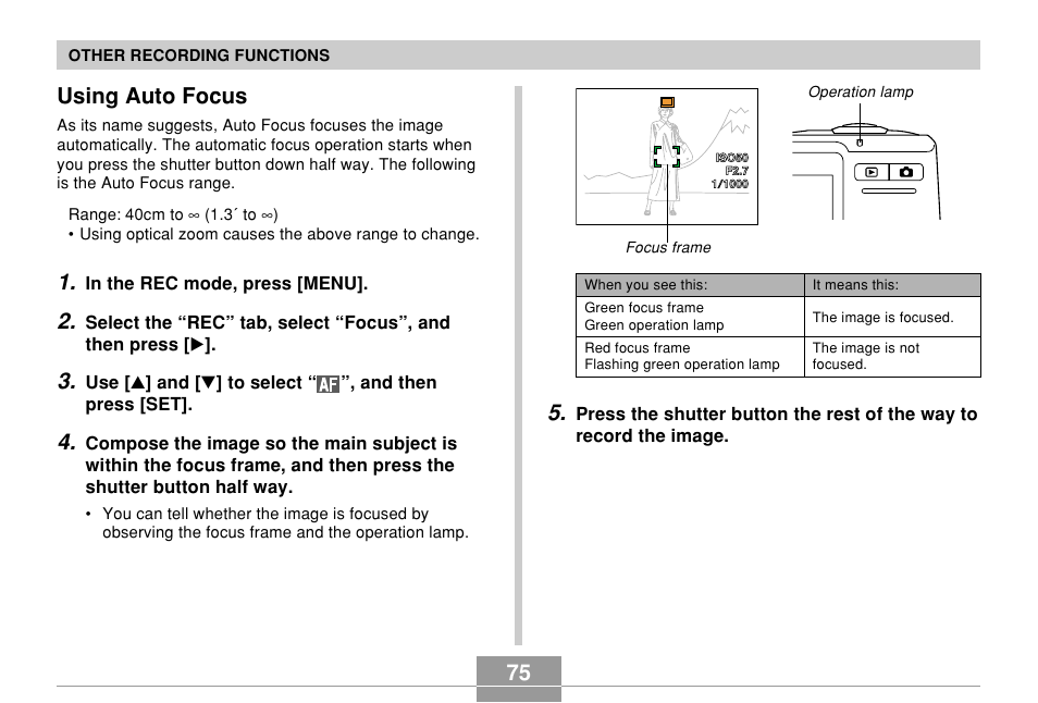 Using auto focus | Casio EX-Z700 User Manual | Page 75 / 247