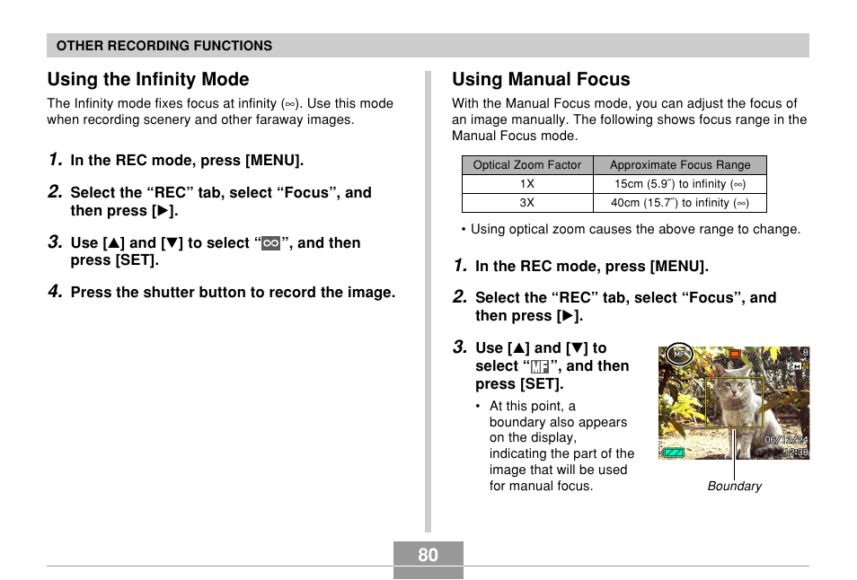 Using the infinity mode, Using manual focus, 80 using the infinity mode | Casio EX-Z700 User Manual | Page 80 / 247
