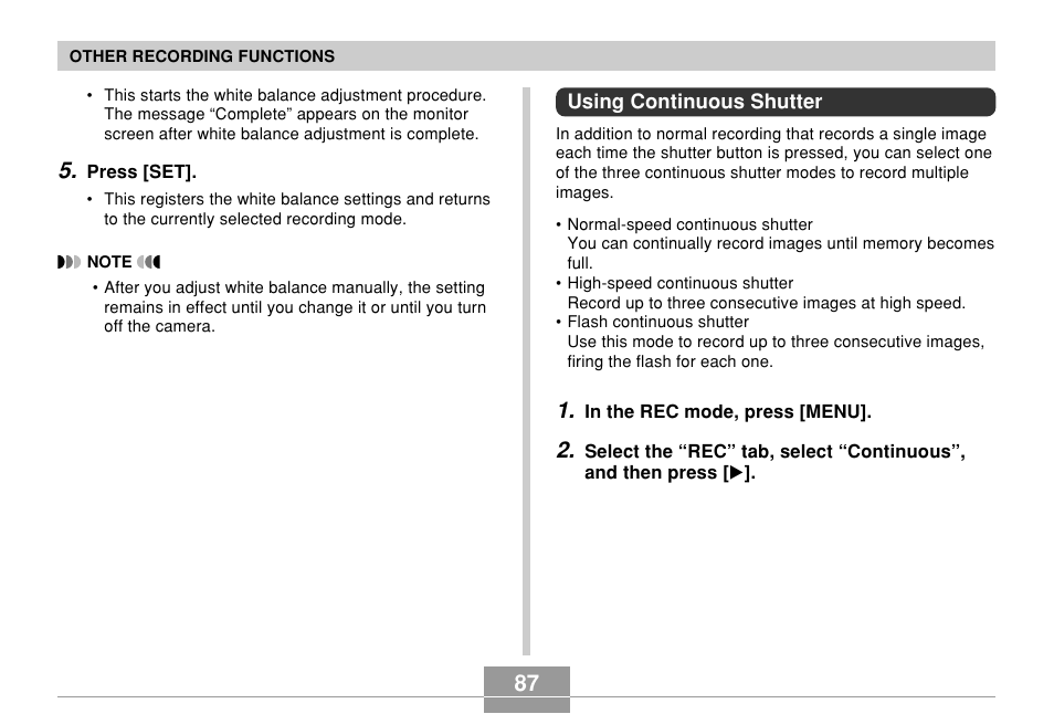 Using continuous shutter | Casio EX-Z700 User Manual | Page 87 / 247