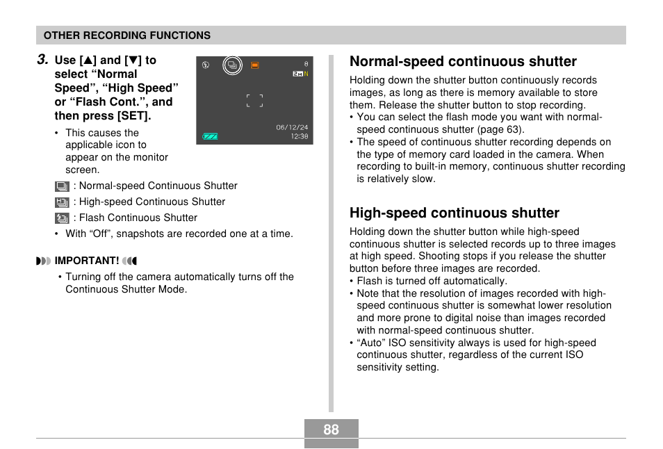 Normal-speed continuous shutter, High-speed continuous shutter | Casio EX-Z700 User Manual | Page 88 / 247
