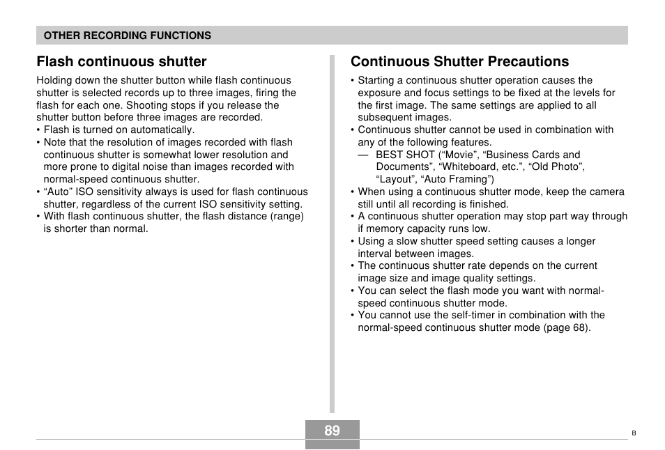Flash continuous shutter, Continuous shutter precautions, 89 flash continuous shutter | Casio EX-Z700 User Manual | Page 89 / 247