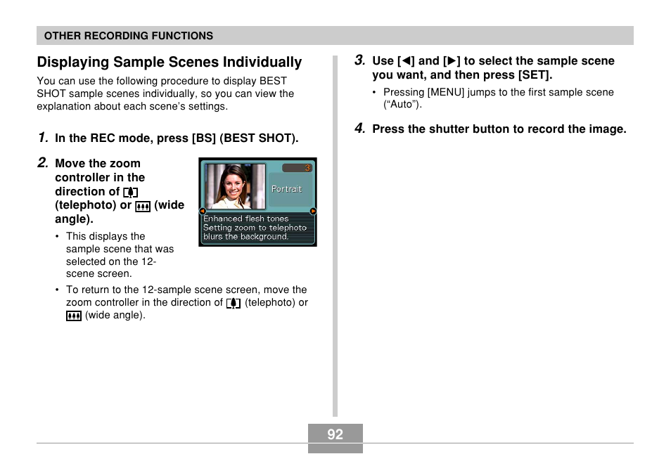 Displaying sample scenes individually, 92 displaying sample scenes individually | Casio EX-Z700 User Manual | Page 92 / 247