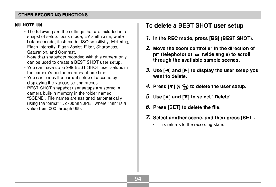 To delete a best shot user setup | Casio EX-Z700 User Manual | Page 94 / 247