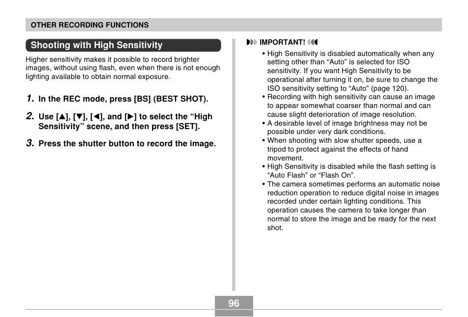 Shooting with high sensitivity | Casio EX-Z700 User Manual | Page 96 / 247