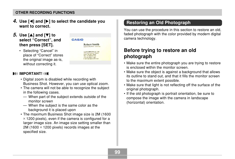 Restoring an old photograph, Before trying to restore an old photograph | Casio EX-Z700 User Manual | Page 99 / 247