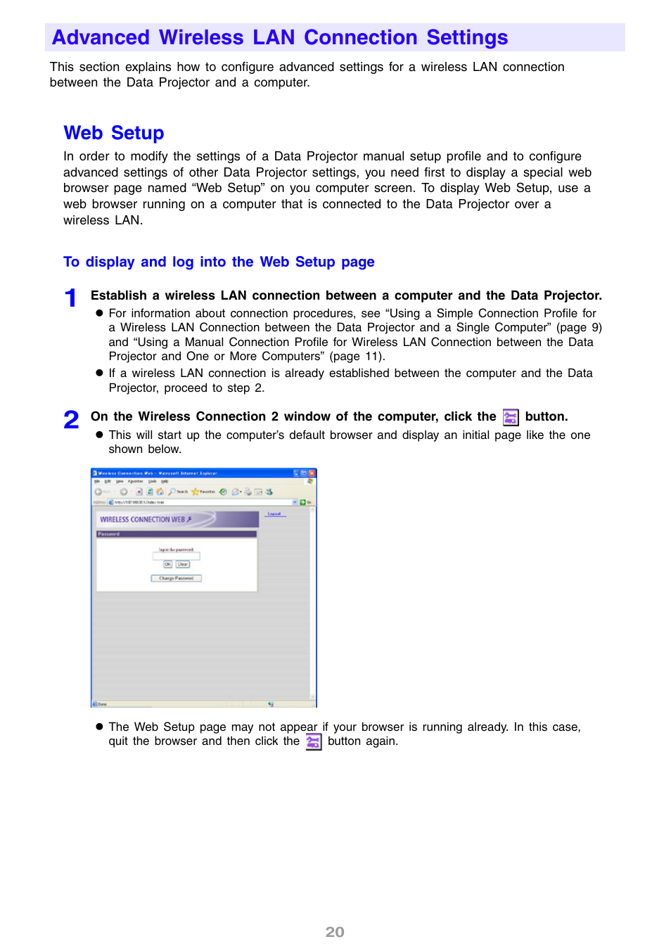 Advanced wireless lan connection settings, Web setup, Age 20) | Casio YW2L User Manual | Page 20 / 54