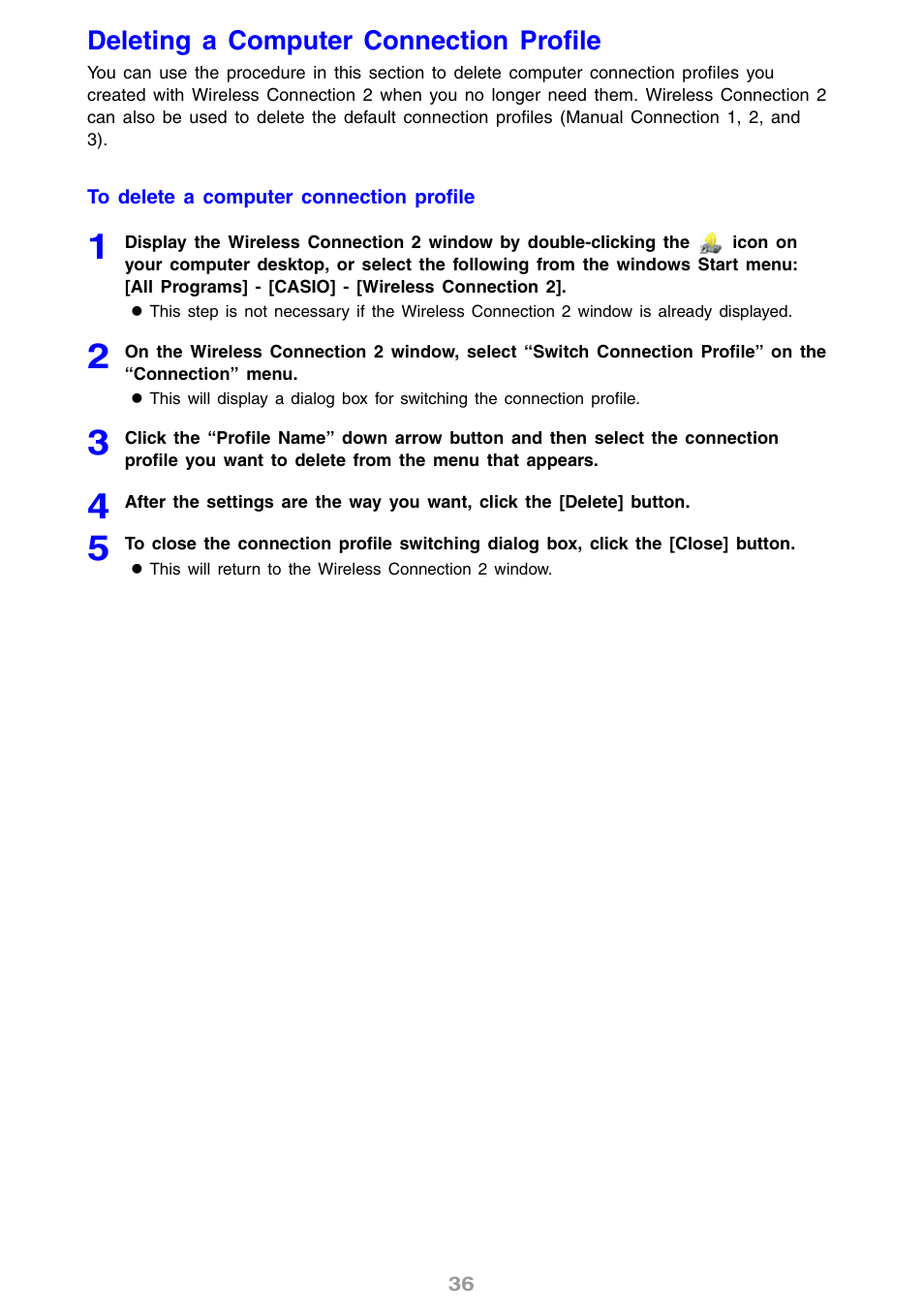 Deleting a computer connection profile | Casio YW2L User Manual | Page 36 / 54