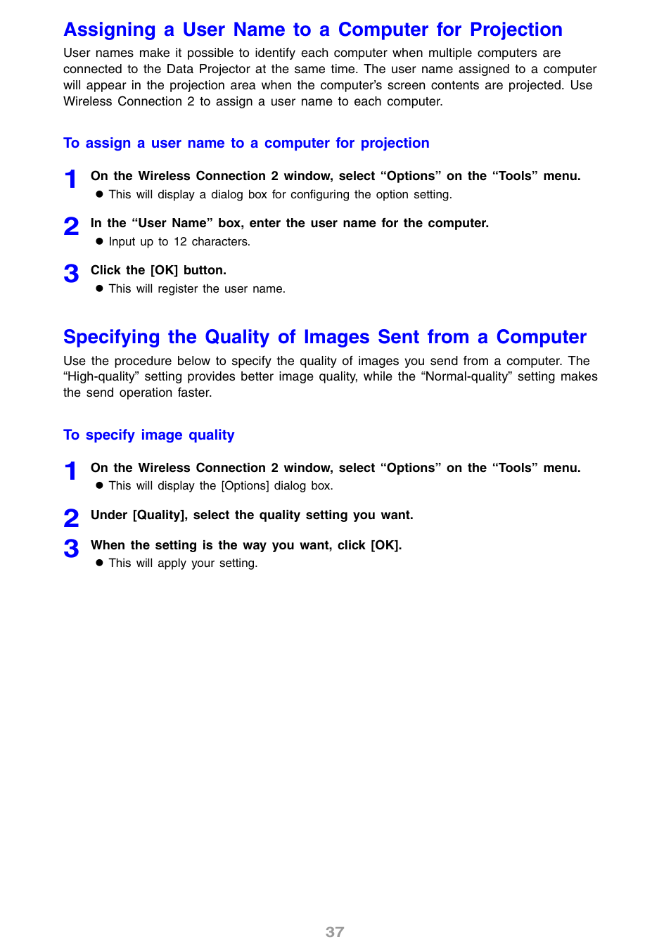 Assigning a user name to a computer for projection, Assigning a user name to a, Computer for projection | E 37) | Casio YW2L User Manual | Page 37 / 54