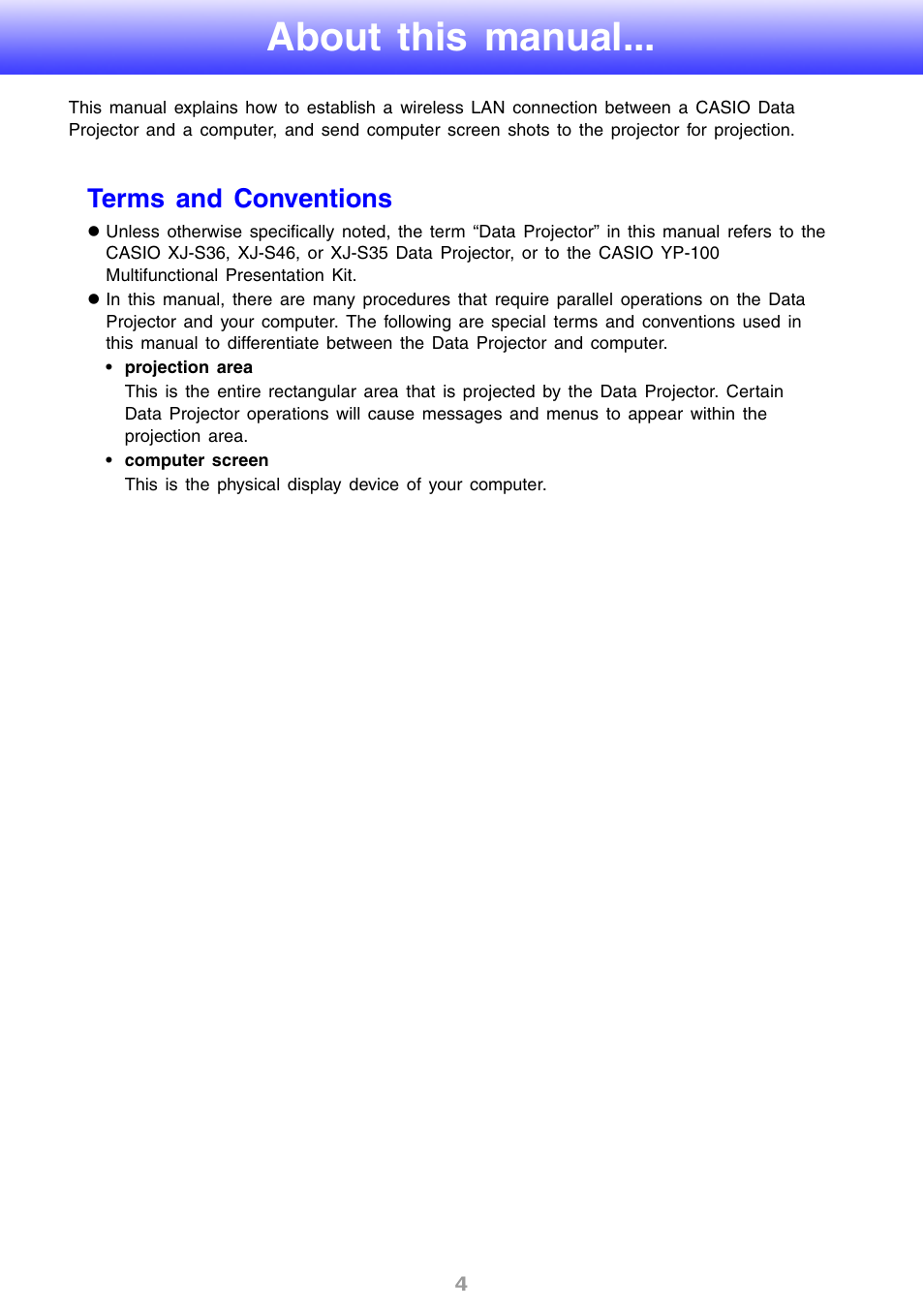 About this manual, Terms and conventions | Casio YW2L User Manual | Page 4 / 54