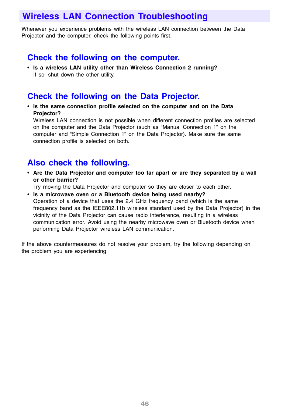 Wireless lan connection troubleshooting, Check the following on the computer, Check the following on the data projector | Also check the following | Casio YW2L User Manual | Page 46 / 54