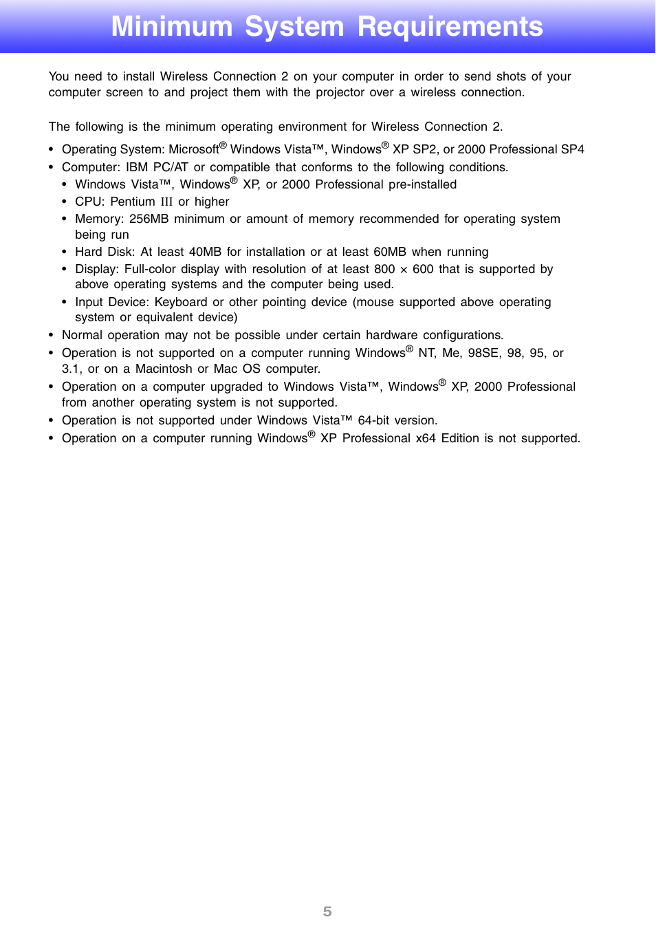 Minimum system requirements | Casio YW2L User Manual | Page 5 / 54