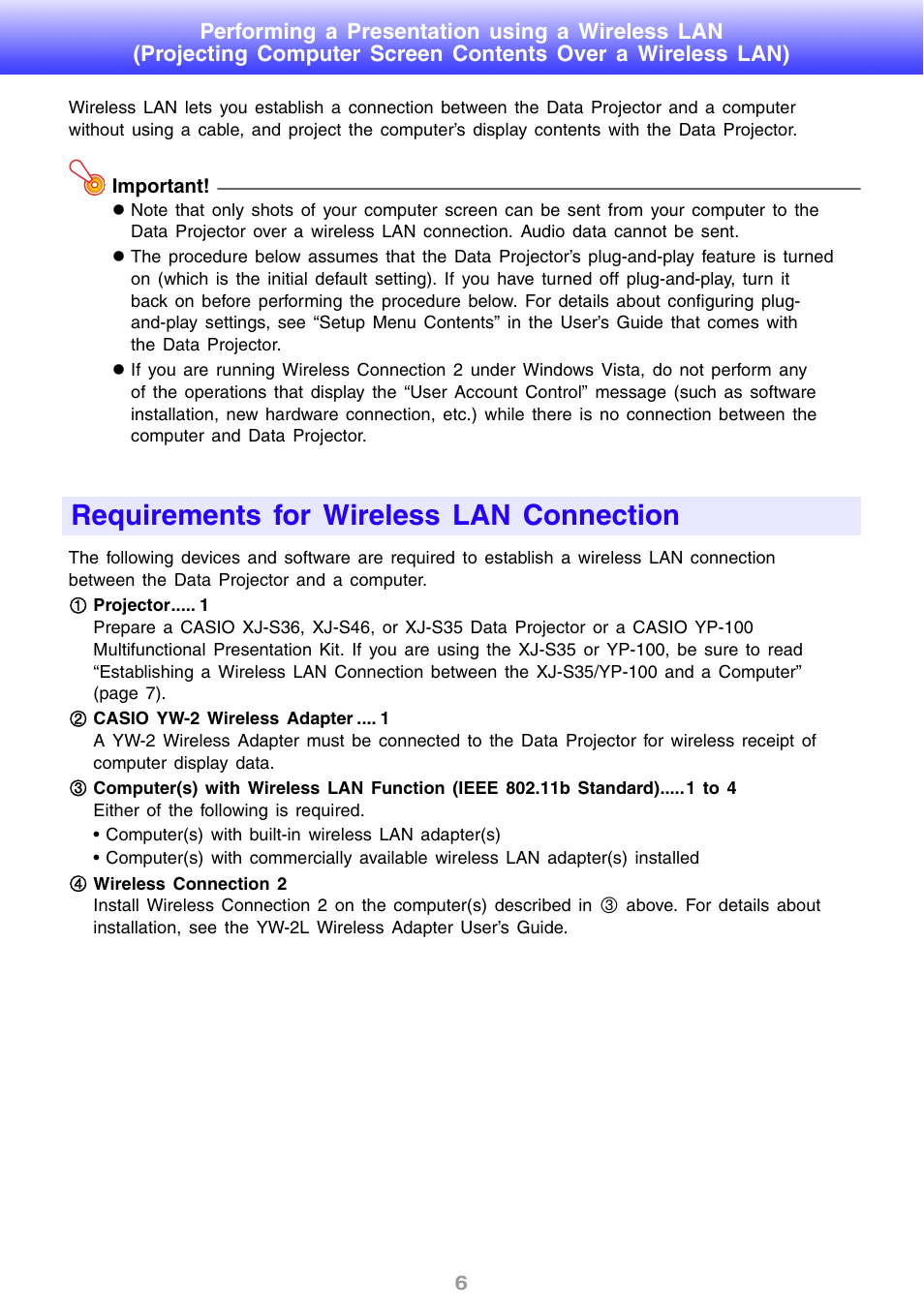 Requirements for wireless lan connection | Casio YW2L User Manual | Page 6 / 54