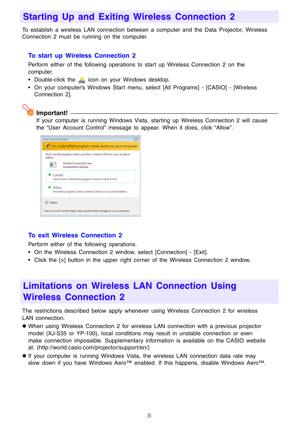 Starting up and exiting wireless connection 2 | Casio YW2L User Manual | Page 8 / 54