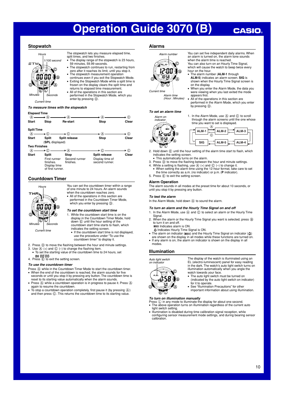 Stopwatch, Countdown timer, Alarms | Illumination, Operation guide 3070 (b) | Casio 3070 User Manual | Page 10 / 15