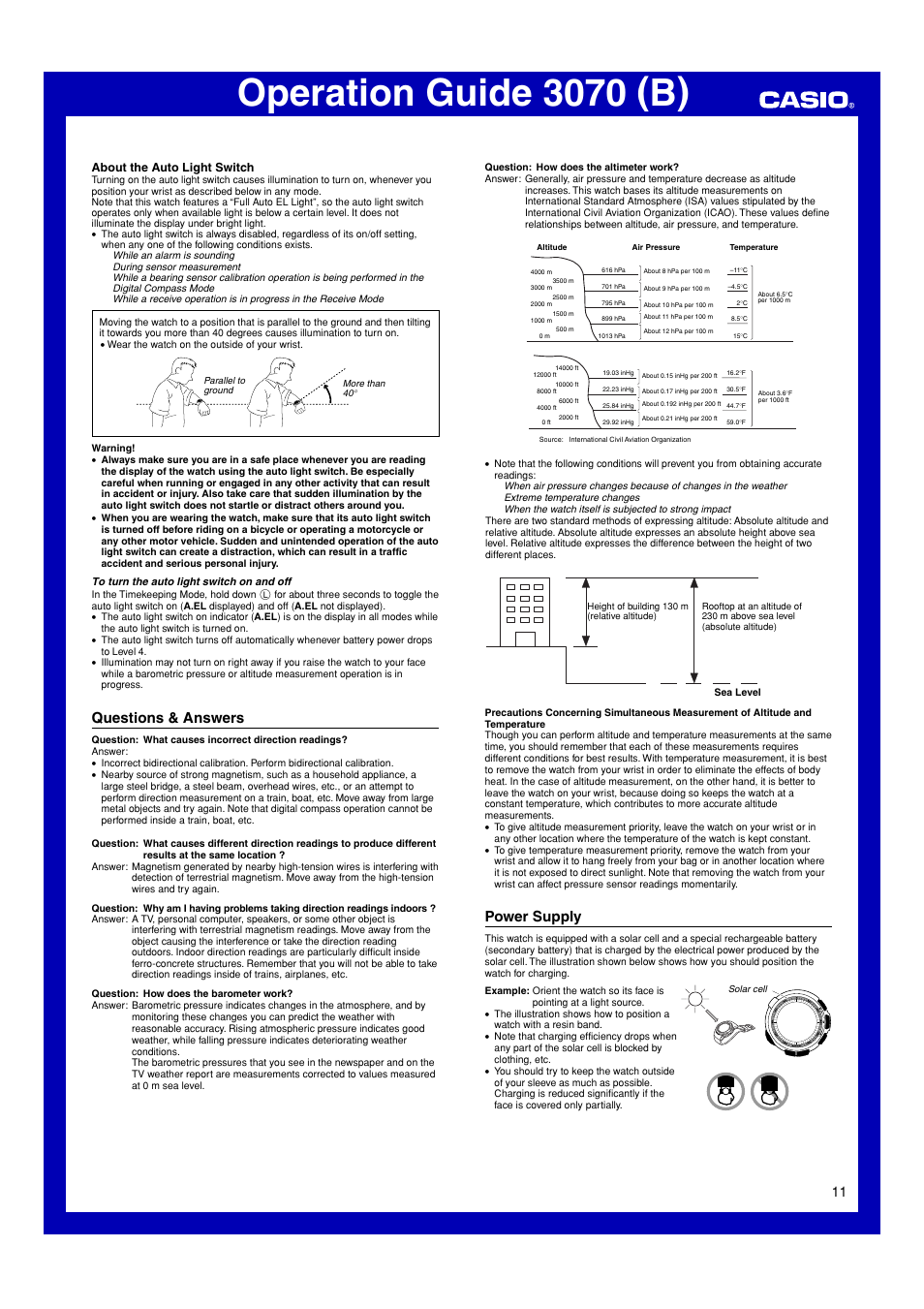 Questions & answers, Power supply, Operation guide 3070 (b) | About the auto light switch | Casio 3070 User Manual | Page 11 / 15