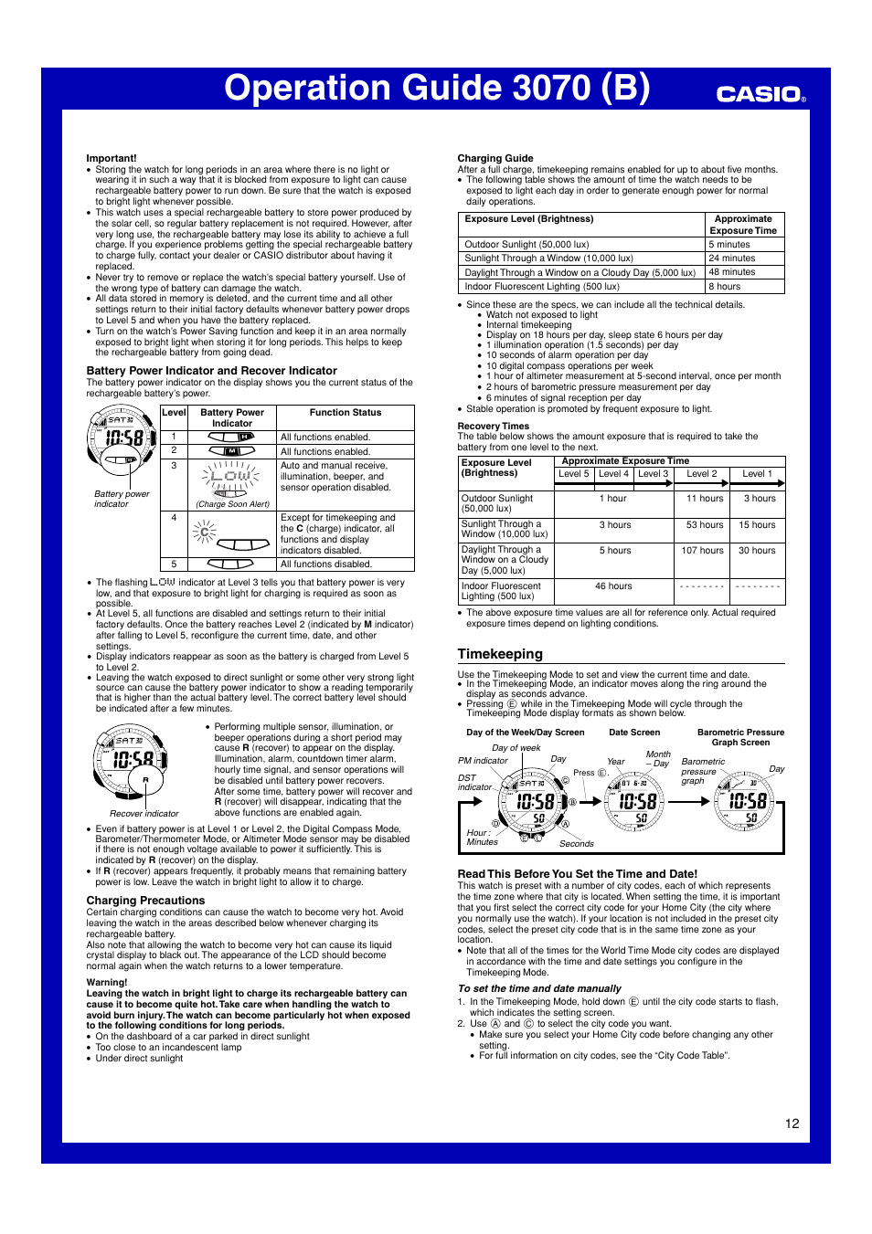 Timekeeping, Operation guide 3070 (b) | Casio 3070 User Manual | Page 12 / 15