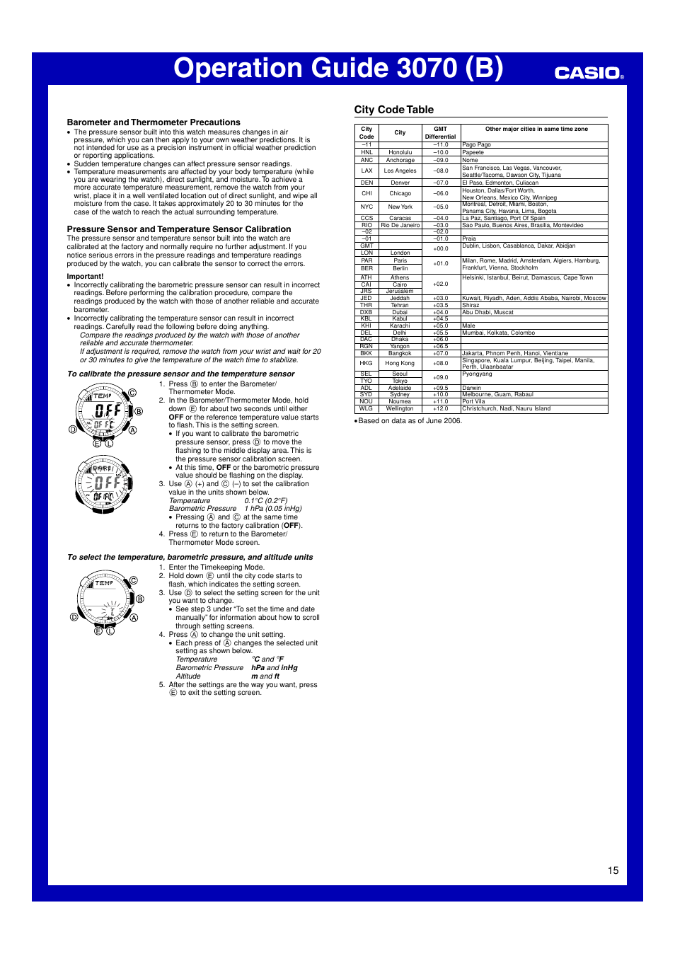 City code table, Operation guide 3070 (b) | Casio 3070 User Manual | Page 15 / 15