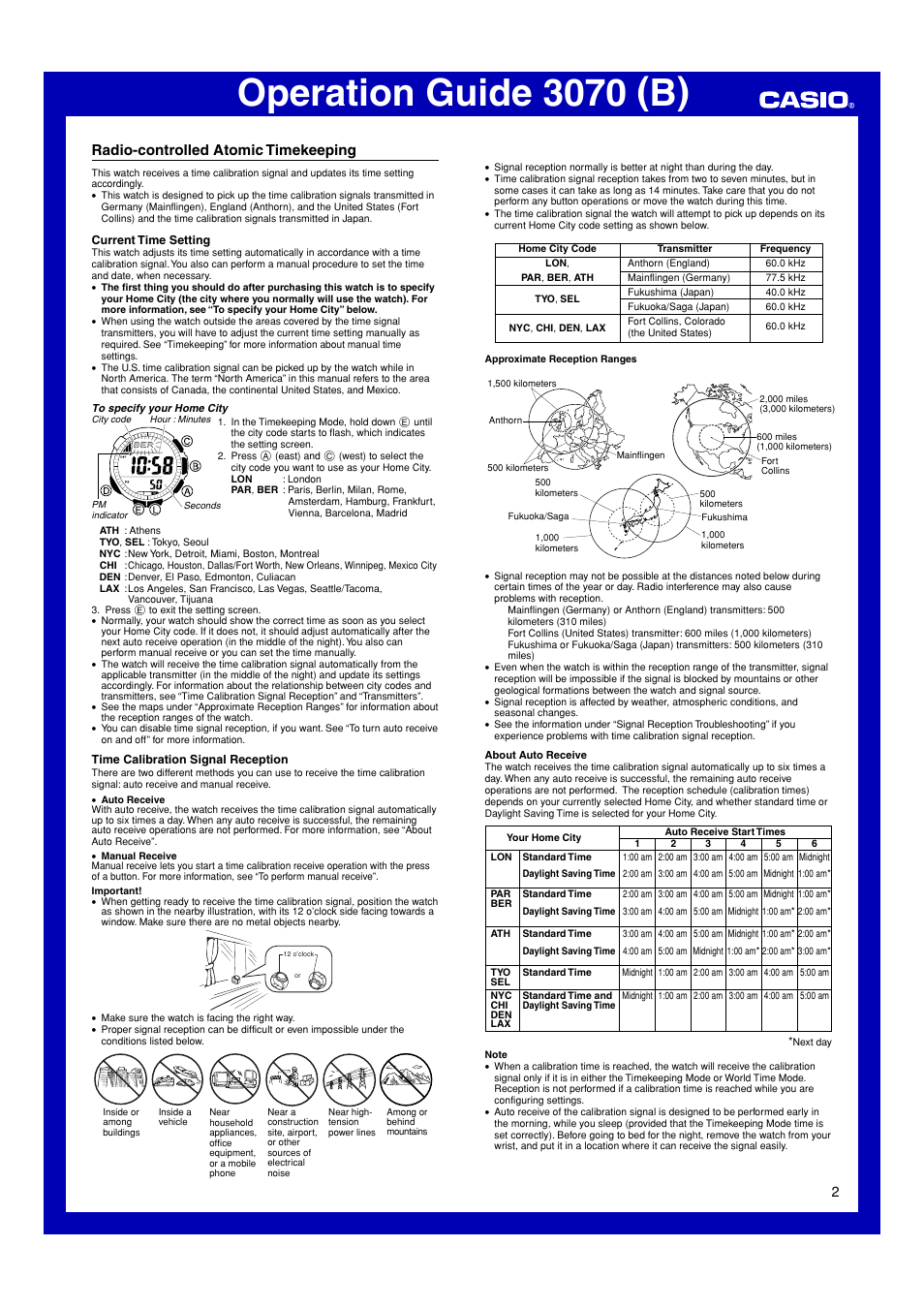 Radio-controlled atomic timekeeping, Operation guide 3070 (b) | Casio 3070 User Manual | Page 2 / 15