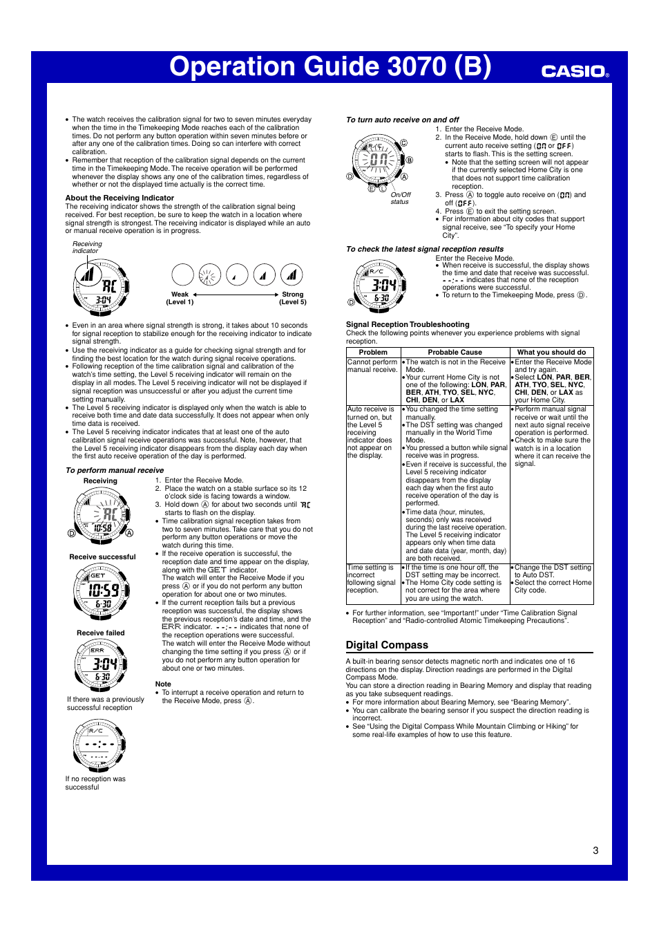 Digital compass, Operation guide 3070 (b) | Casio 3070 User Manual | Page 3 / 15