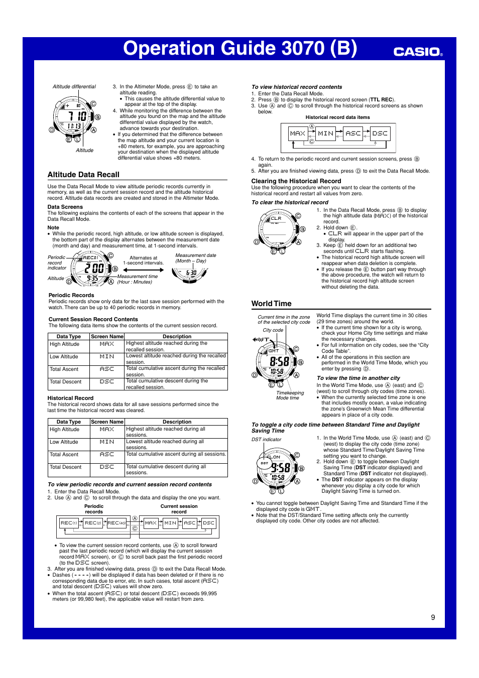 Altitude data recall, World time, Operation guide 3070 (b) | Casio 3070 User Manual | Page 9 / 15