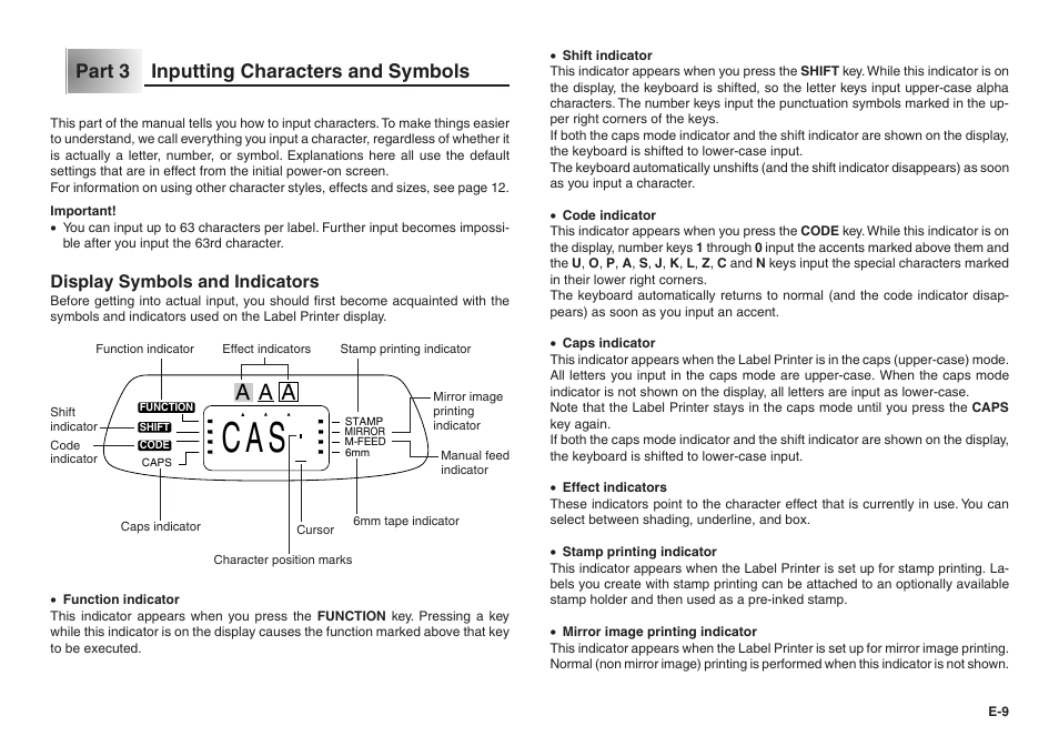 A a a, Part 3 inputting characters and symbols, Display symbols and indicators | Casio KL-100E User Manual | Page 10 / 25