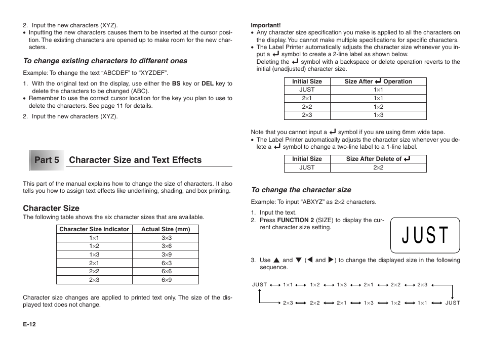 Just, Part 5 character size and text effects, Character size | Casio KL-100E User Manual | Page 13 / 25