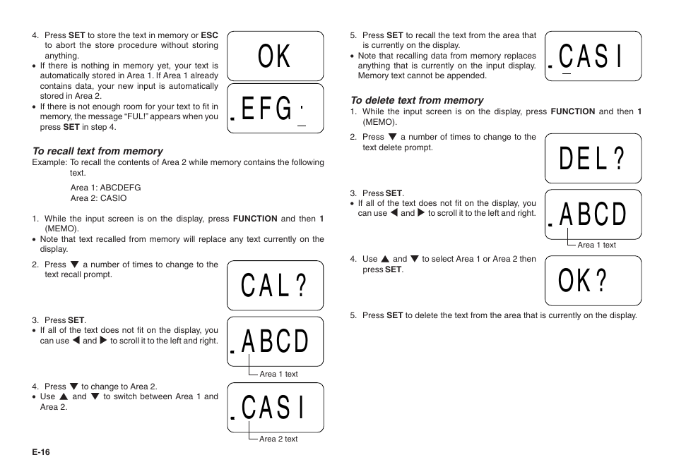 Cal? abcd casi, Casi abcd, Ok? del? ok efg | Casio KL-100E User Manual | Page 17 / 25