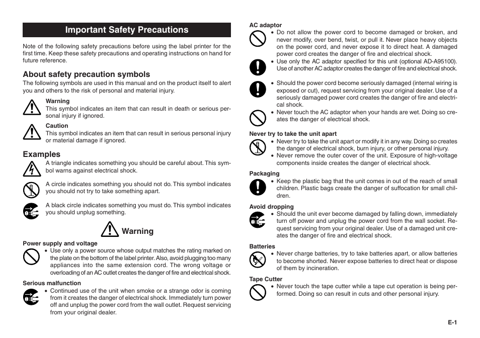 Important safety precautions, About safety precaution symbols, Examples | Warning | Casio KL-100E User Manual | Page 2 / 25