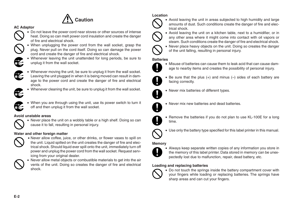 Caution | Casio KL-100E User Manual | Page 3 / 25