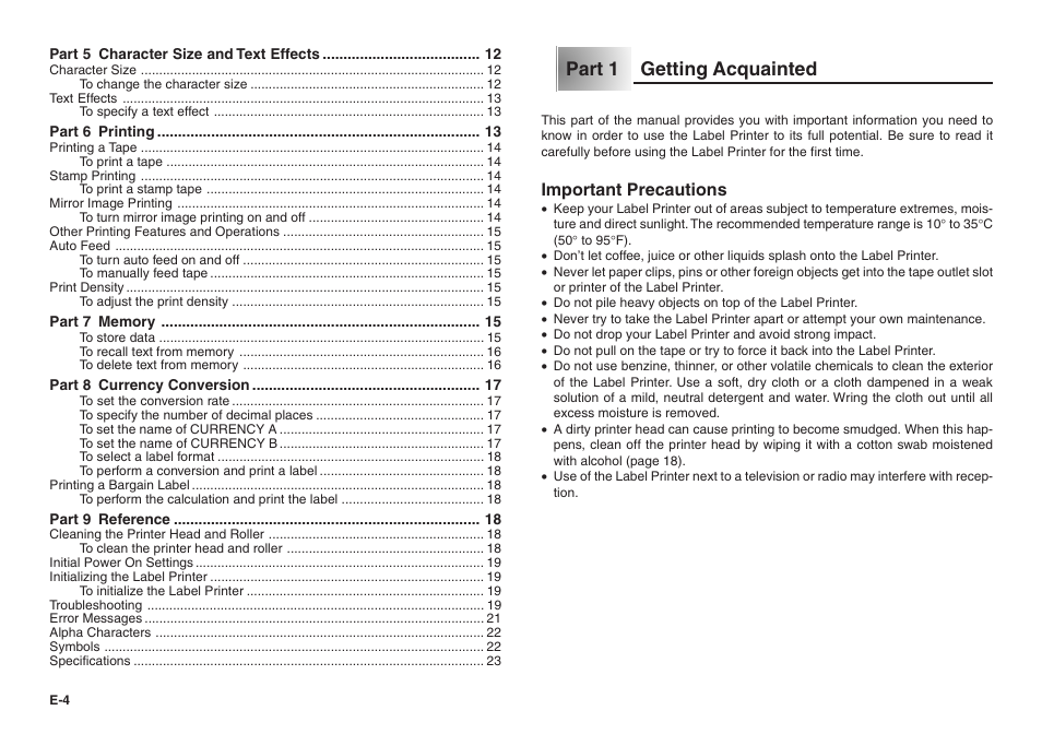 Part 1 getting acquainted, Important precautions | Casio KL-100E User Manual | Page 5 / 25
