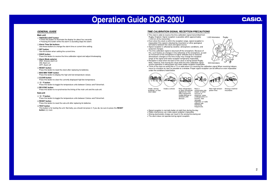 General guide 2, Time calibration signal reception precautions, Operation guide dqr-200u | Casio DQR-200U User Manual | Page 2 / 5