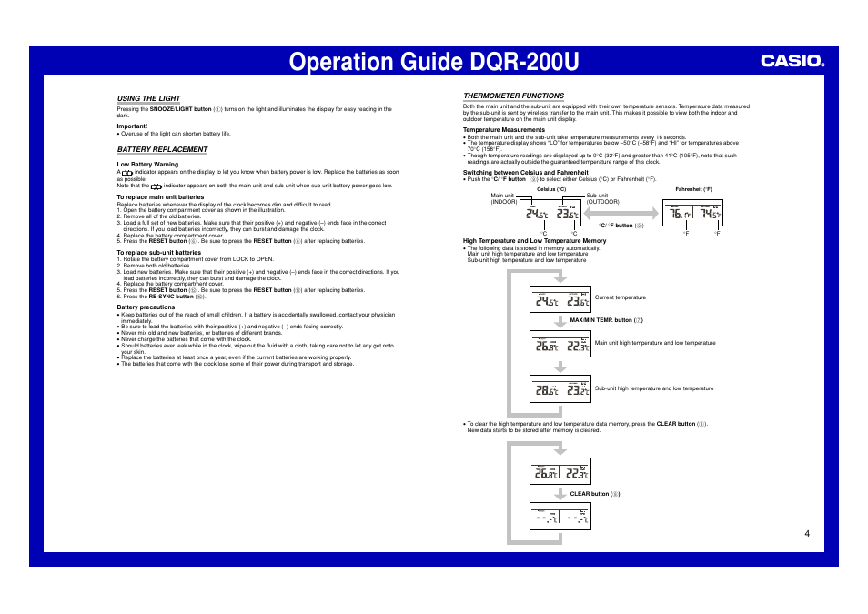 Using the light, Battery replacement, Thermometer functions | Operation guide dqr-200u | Casio DQR-200U User Manual | Page 4 / 5