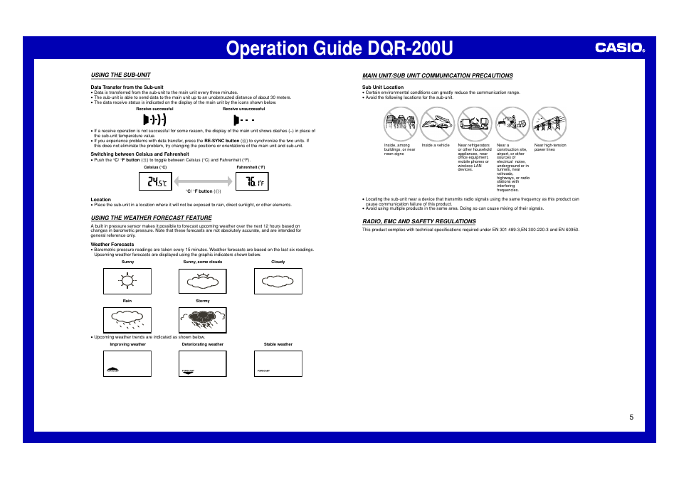 Using the sub-unit, Using the weather forecast feature, Main unit/sub unit communication precautions | Radio, emc and safety regulations, Operation guide dqr-200u | Casio DQR-200U User Manual | Page 5 / 5