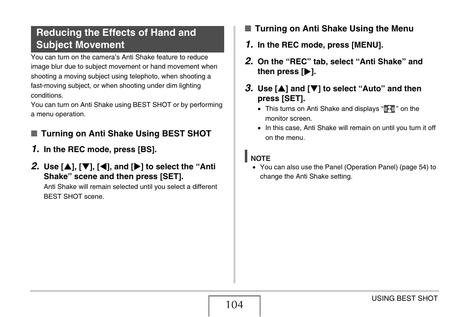 Reducing the effects of hand and subject movement | Casio EX-S770 User Manual | Page 104 / 290