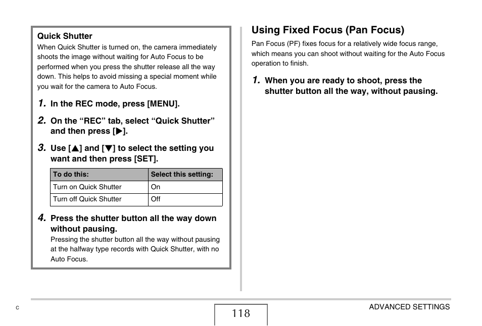 Using fixed focus (pan focus) | Casio EX-S770 User Manual | Page 118 / 290