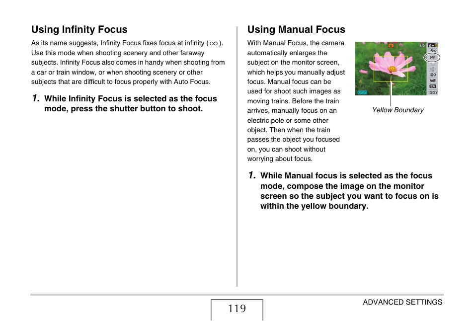 Using infinity focus, Using manual focus | Casio EX-S770 User Manual | Page 119 / 290