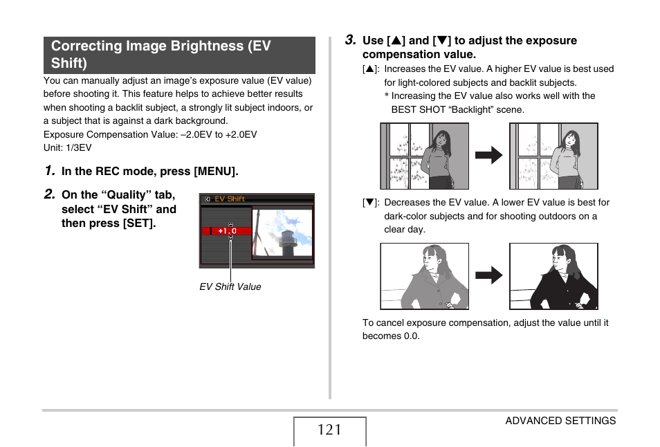 Correcting image brightness (ev shift), E 121) | Casio EX-S770 User Manual | Page 121 / 290