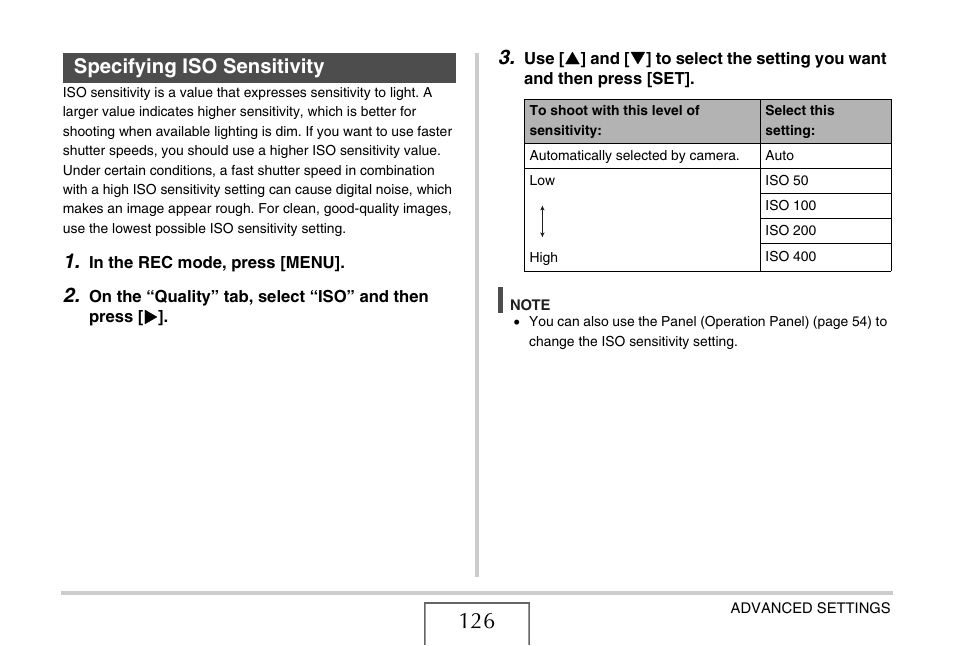 Specifying iso sensitivity, E 126) | Casio EX-S770 User Manual | Page 126 / 290